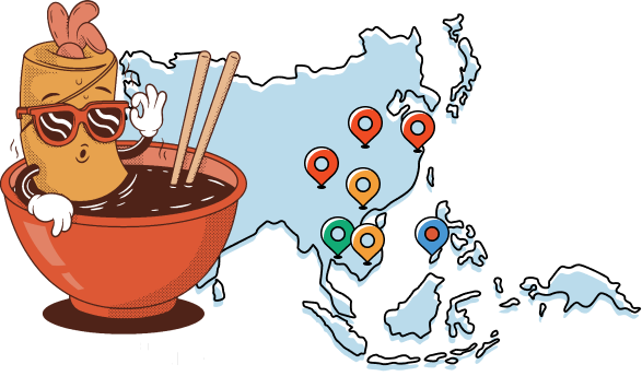 A springroll character over the map of Asia